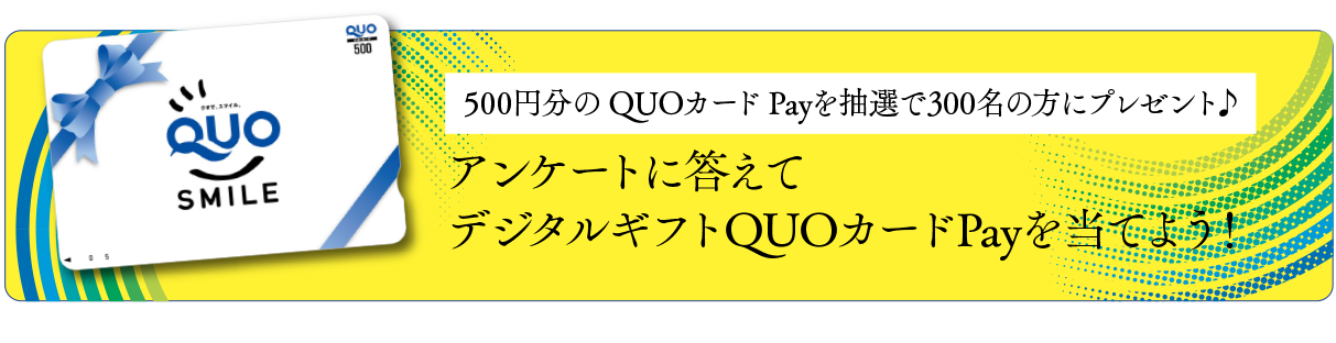 アンケートに答えた方の中から抽選で300名の方にQUOカードPay500円分をプレゼント